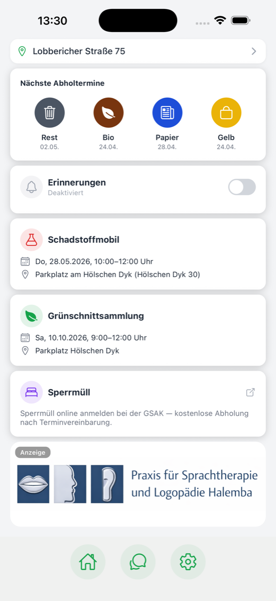 Abfallkalender mit Push-Erinnerungen